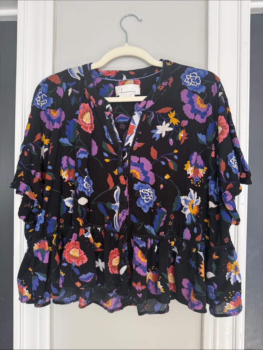 Anthropologie Black Floral Peplum Tunic with Multicolor Blooms
